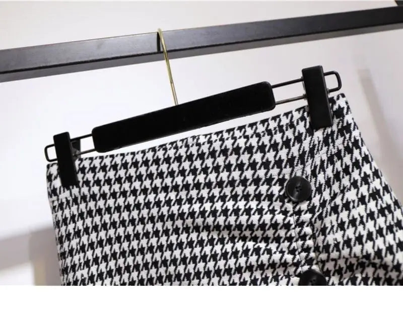 Trumpet Houndstooth Vintage High Waist Buttons Women's Skirt Korean Fashion Mermaid Mid-Calf Long Skirts For Women Spring voguable