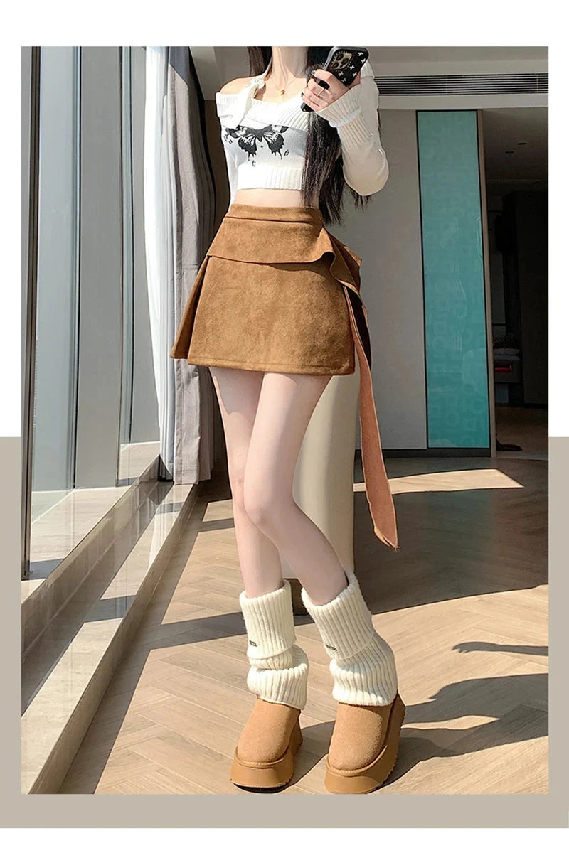 Sexy Slim Faux Suede Skirt Women High Waist Streetwear Vintage Bow Mini Skirts Fall Winter Casual American A Line Skirt New voguable