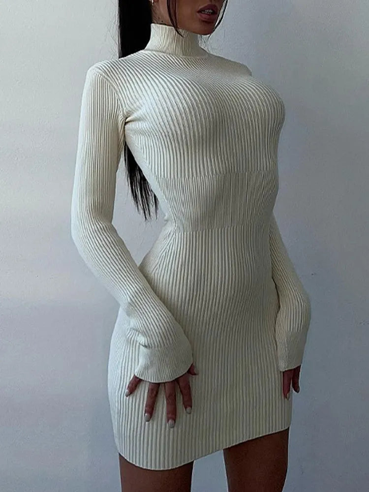 Knitted White Dress Women Elegant Fashion Turtleneck Bodycon Midi Dresses Female Autumn Winter Long Sleeve Slim Streetwear Dress voguable