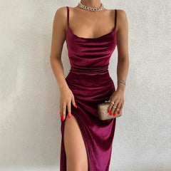 Elegant Evening Gown For Women Summer Velvet Midi Bodycon Dress Women Sleeveless Off Shoulder Backless Party Club Dresses voguable