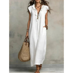 Voguable  New Ruffles V-neck Casual Solid Color Straight Tube Long Dresses Summer Casual Loose Fit Flying Sleeve Pocket Women's Dress voguable