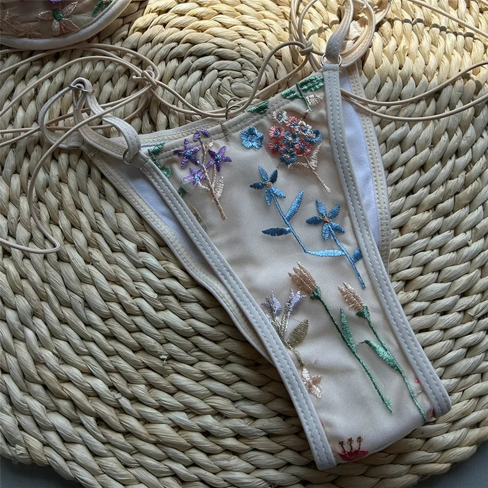 Voguable  Beige Shiny Flower Embroidery Swimwear Thong Micro Push Up Bikini Set Sexy Swimsuit Women Bathing Suit String Bikinis Mujer voguable