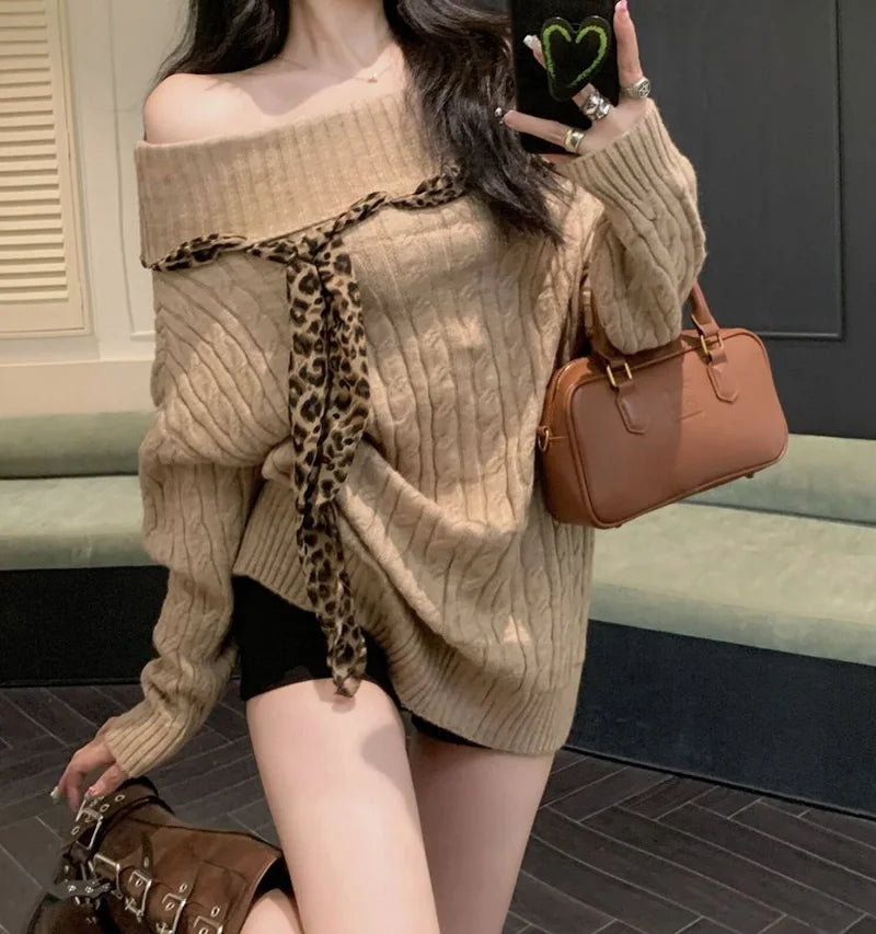 Sexy Off Shoulder Y2K Sweater Women Vintage Leopard Lace Up Knitted Jumper Casual Lazy Wind Long Sleeve Slash Neck Pullover voguable