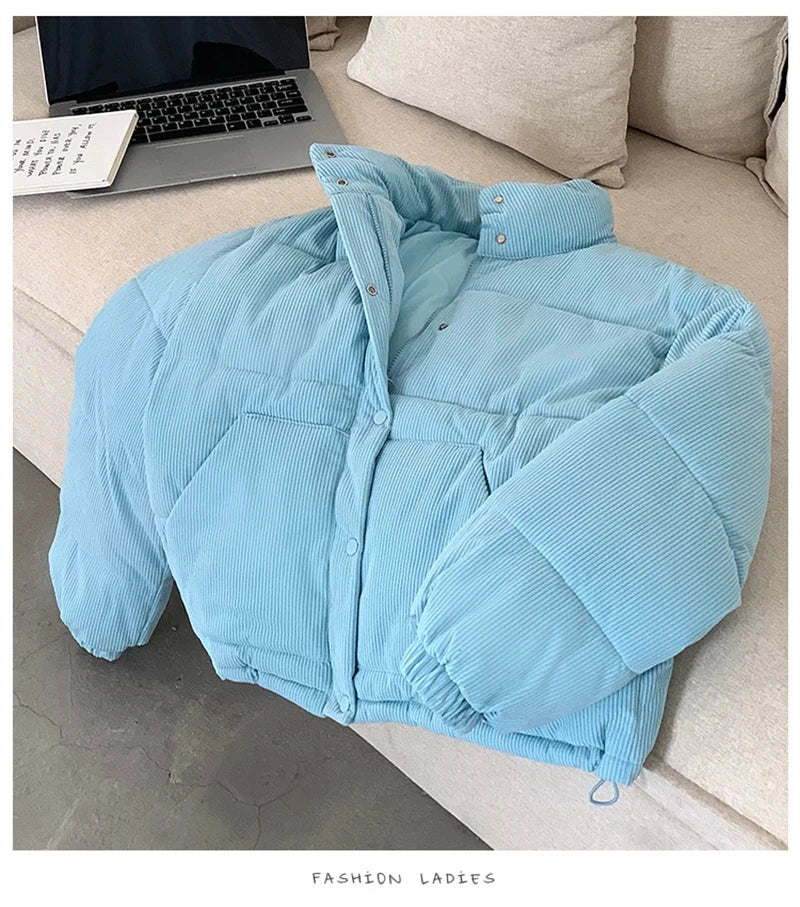 Women Sweet Corduroy Parkas Warm Long Sleeve Retro Stand Collar Cotton Coat Winter Thick Casual Preppy Style Korean Jacket voguable