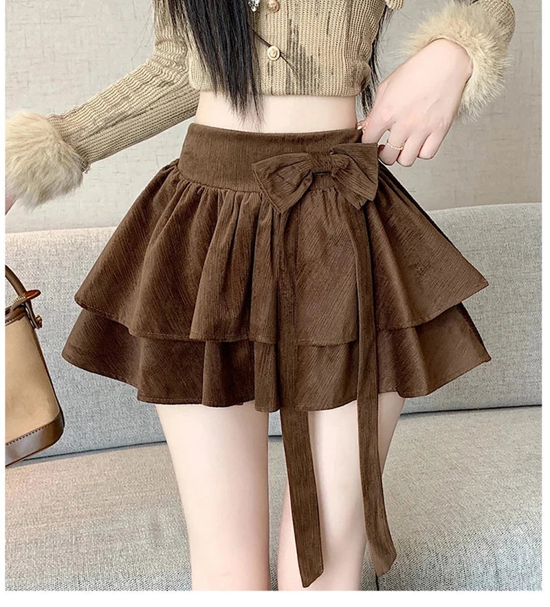 Sweet Bow Cake Skirts Women Vintage Slim High Waist Sexy Mini A Line Skirt Korean Preppy Style Fall Winter Dance Skirt New voguable