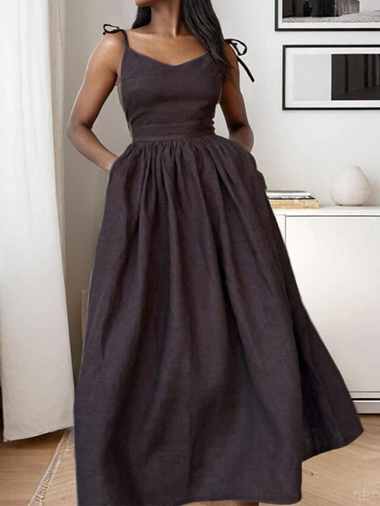 TARUXY Sexy Backless Beach Dress For Women V Neck Splice Folds Long Dresses Womens Party Elegant Bandage Maxi Sundress Female voguable