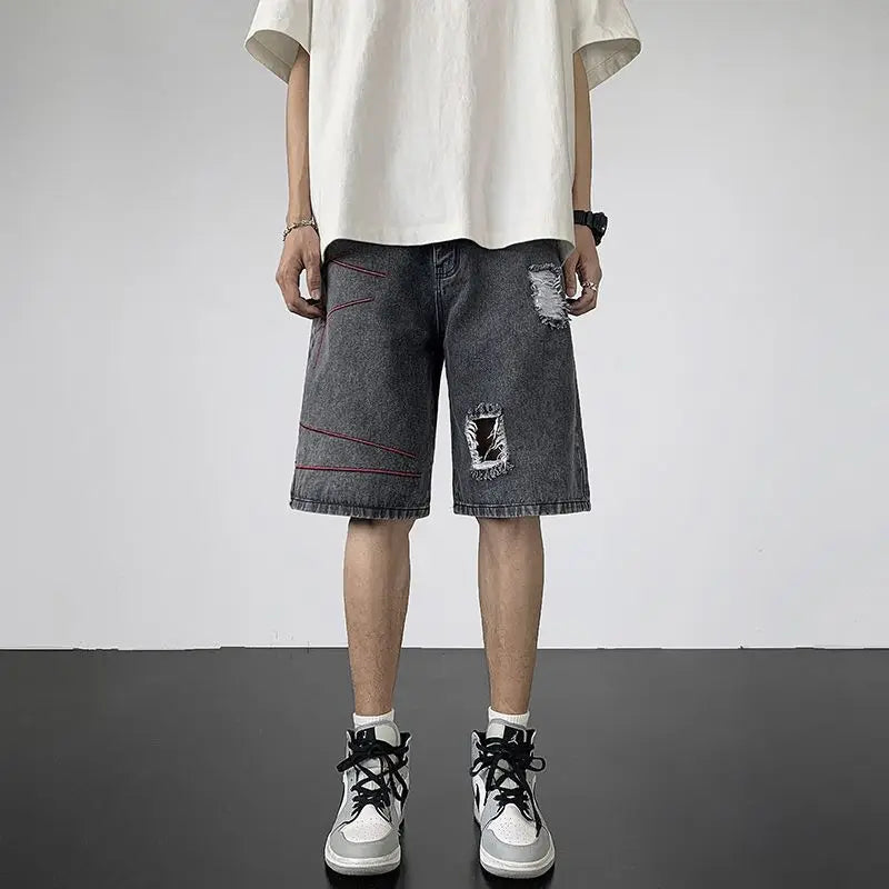 Voguable  Men Five-point Ripped Summer Thin Style Wear New Versatile Loose Denim Shorts voguable