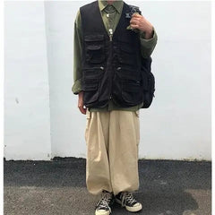 Cargo High-end Vest Korean Style Streetwear Japanese Retro Functional Multi-pocket Work Solid Color Pocket Vest Jacket Aesthetic voguable