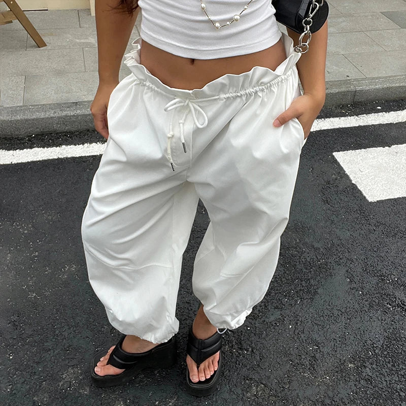 Voguable  Fashion Women Pure Color Drawstring Pleated Edge High Waist Loose Fit 3/4 Length Cargo Trousers Going Out Casual Summer Pants voguable