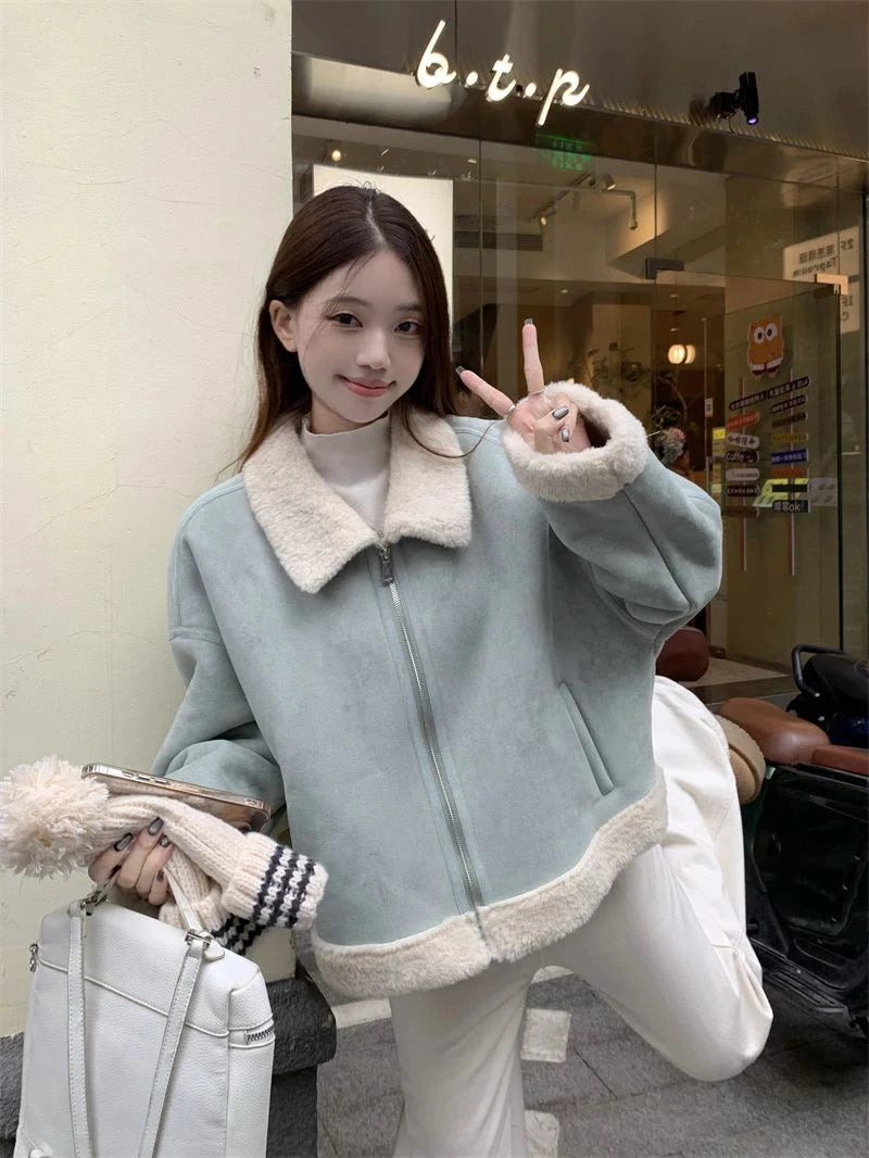 Faux Suede Lamb Jackets Women Winter Warm Thick Sweet Cute Short Coat Korean Vintage Loose Long Sleeve Preppy Style Tops voguable