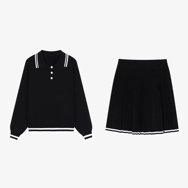 College Style Elegant Sweater Skirt Suit Women Fashion Polo Neck Tops + Pleated Mini Skirt Harajuku Knit Casual Two Piece Suit Pbong