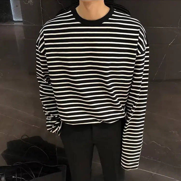 Autumn Korean Fashion Retro Heavy Striped Long Sleeve T-shirt Men Round Neck Harajuku Loose Casual Inner Wear Oversized T Shirt voguable