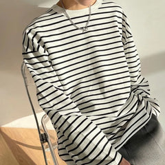 Autumn Korean Fashion Retro Heavy Striped Long Sleeve T-shirt Men Round Neck Harajuku Loose Casual Inner Wear Oversized T Shirt voguable