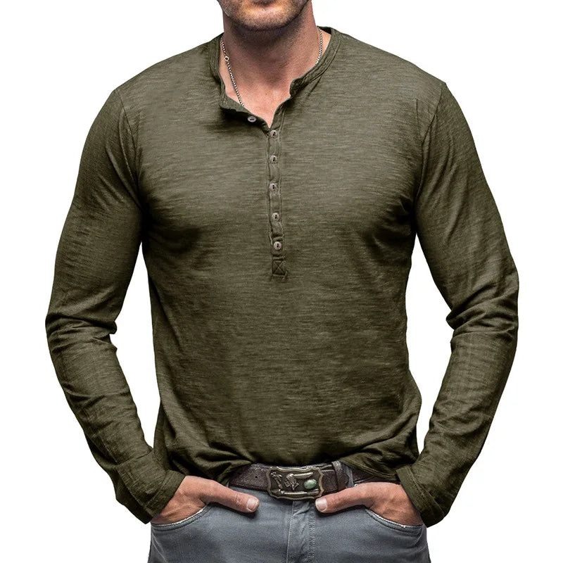 Spring Autumn Fashion Round Neck Long Sleeve Solid T-Shirts Men's Clothing Button Bottoming Shirt Korean Casual All-match Tops voguable