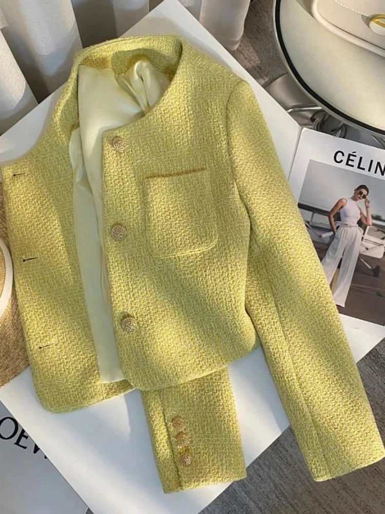 Yellow Sweet Tweed Jacket Women Elegant Retro Slim Long Sleeve Short Coat Korean O Neck Casual Fall Female Vintage Outwear voguable