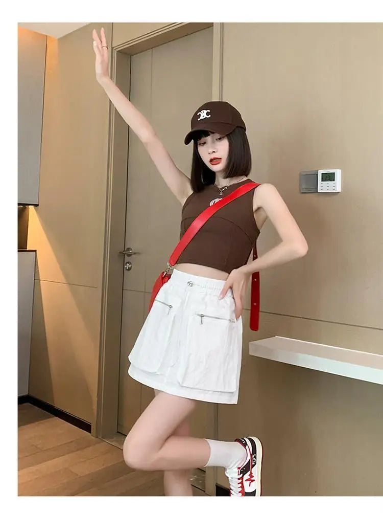 High Waist Drawstring Summer Women Short A Line Skirt Vintage Casual Cargo Big Zipper Pocket Skirt with Safety Shorts Hip Skirts voguable