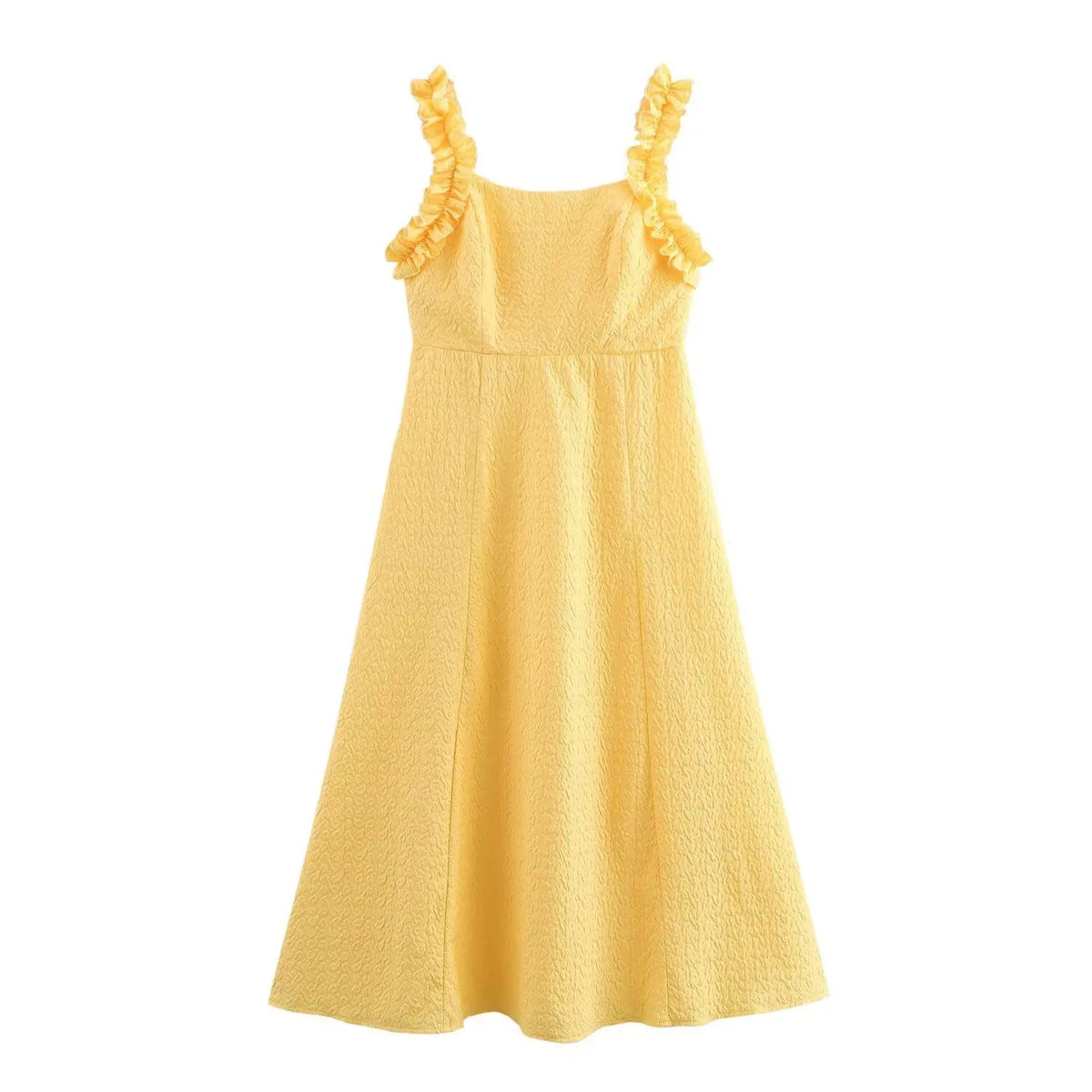 Fashion French Yellow Suspender Dress Long Dress 2025 Summer Ruflle Square Collar New Dress A-line Simple Fashion Woman Clothing voguable