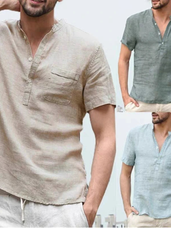 Voguable  Slim Fit Cotton Linen irt Men's f Open Collar ort Sve Breathable Workwear irt Henry Collar Smo Trendy Summer voguable