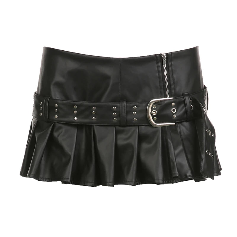 Voguable  Sexy Pu Leather A-line Pleated Mini Skirt Black Dropped Waist Slit Super-short Skirts With Belt Women Punk Streetwear voguable