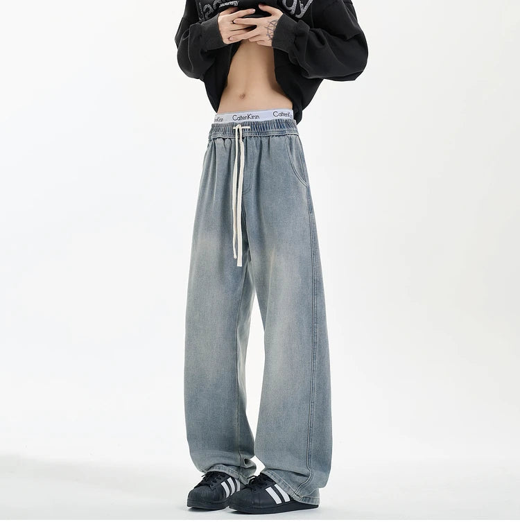 New Men's Jeans Washed Jeans Pants Unisex Drawstring Denim Pants Male Streetwear Korean Straight cylinder loose Cowboy Trousers voguable