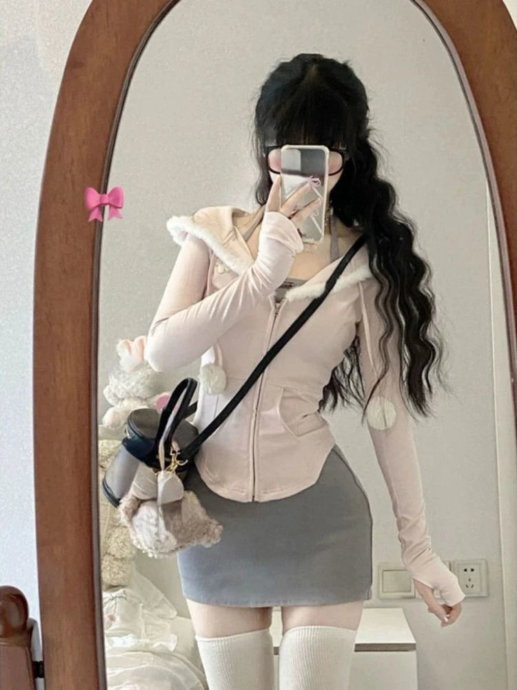 Voguable 2024 New Japanese Style Kawaii Cute Suit Woman Cashal Vest + Slim Mini Skirt + Hooded Pink Fashion Coat Sweet 3 Piece Set Chic voguable