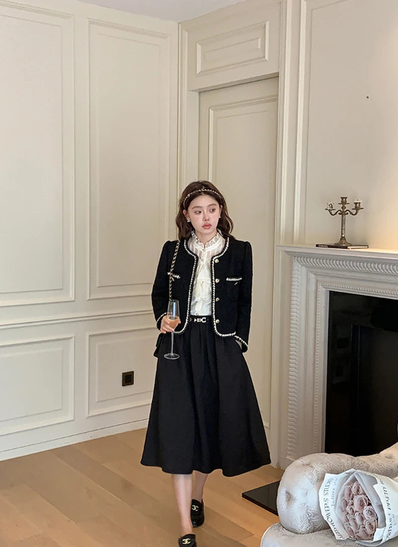 Vintage Jackets Women Black Tweed Cropped Coat Korean Elegant Thicken Single Breasted Blazer Casual Short Outerwear Tops voguable