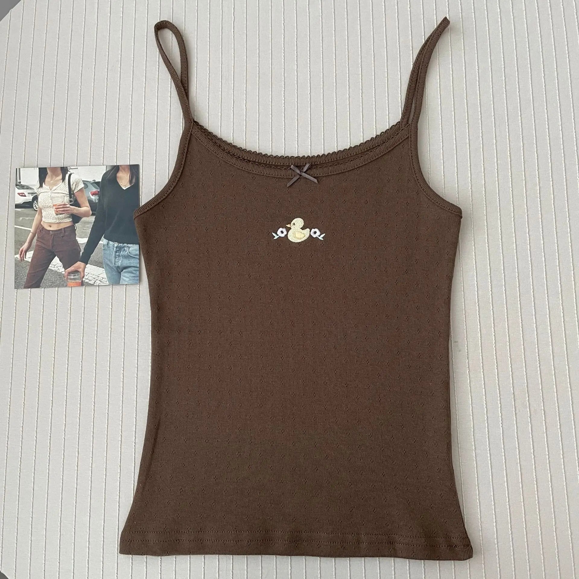 Floral Eyelet Bow Cotton Crop Tops Summer Lace Trim Sleeveless Slim Tank Top Women Preppy Style Sweet Camisole Y2k Clothes voguable