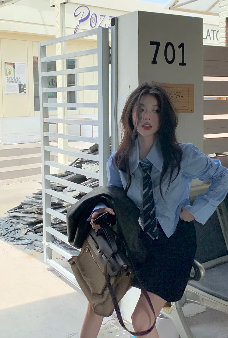 Streetwear Tie Shirts Women Preppy Jk White Long Sleeve Crop Tops Student Korean College Slim Blouses Spring Autumn New voguable