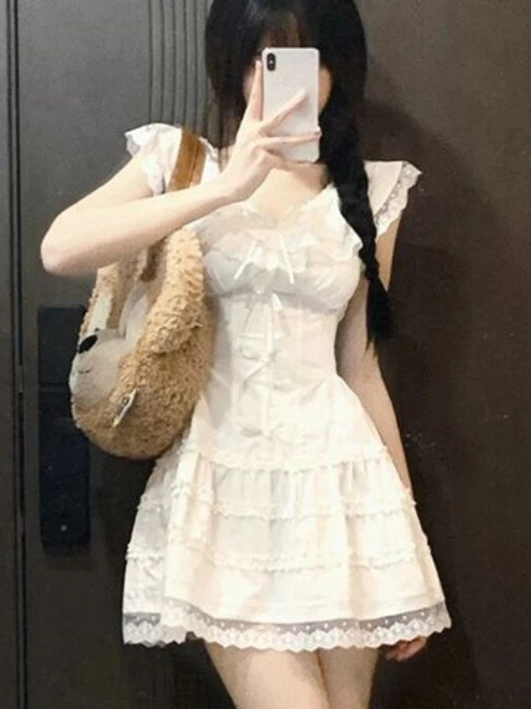 Voguable Y2k Coquette White Lolita Sweet White Kwaii Cute Mini Dress Women Lace Bow Princess Slip Lace Short Dresses 2024 Fashion voguable