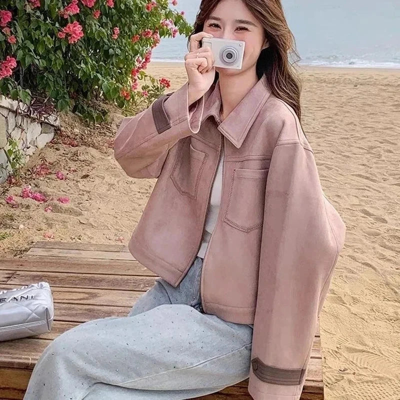 Pink Y2K Faux Suede Jacket Women Vintage Streetwear Long Sleeve Loose Coat Korean Casual Harajuku Fall Winter Outwear Tops voguable