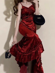 Voguable  Winter French Vintage Velvet Long Dress Women Elegant Slim Spaghetti Strap Folds Dress Sexy Casual Evening Party Y2k Dress voguable