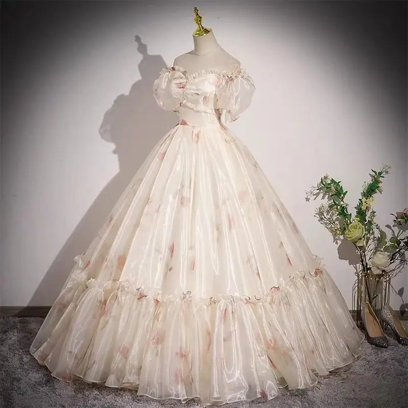 Champagne Off Shouder Strapless Elegant Evening Dress Fairy Sweet Stage Performance Princess Long Wedding Dresses for Women voguable