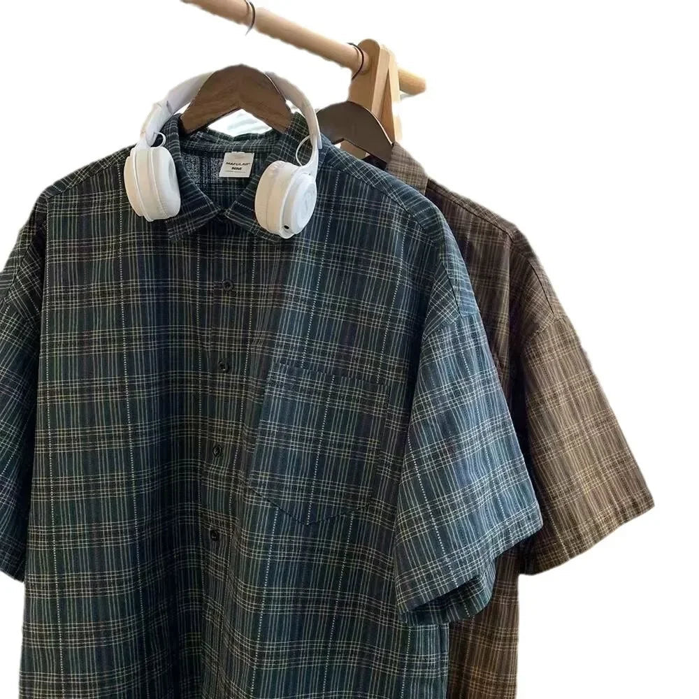 Japanese Vintage Plaid Short Sleeve Shirt Men's Streetwear Loose Fit Casual Stylish Versatile Half Sleeve Underwear voguable