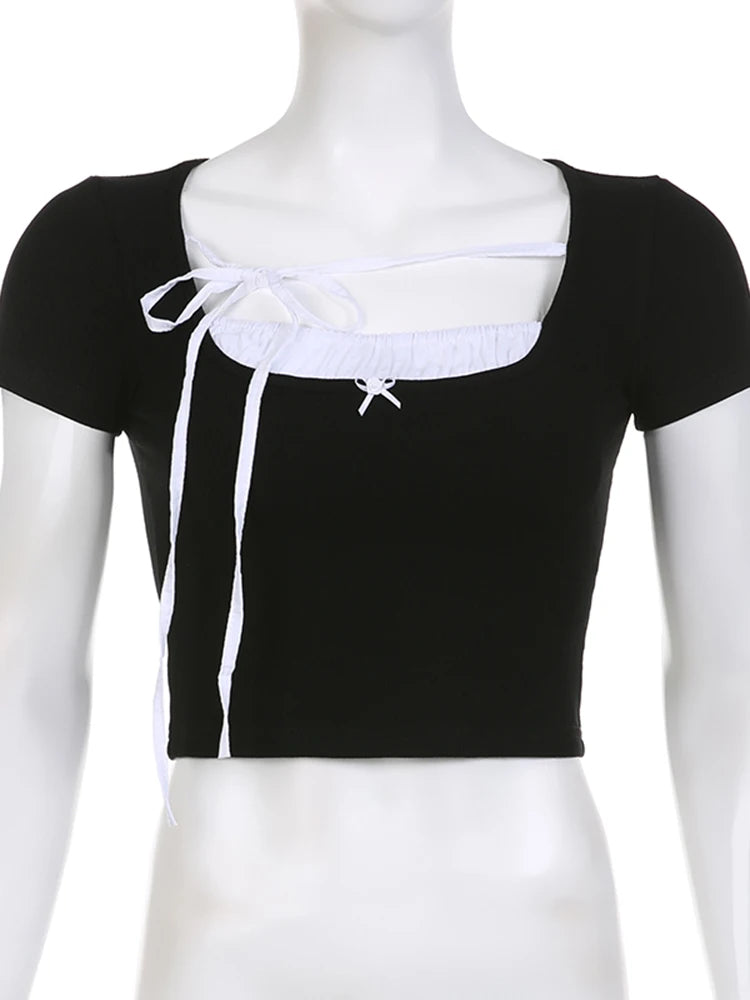 Voguable Contrast Stitching T-Shirt for Women Sweet Casual Short-Sleeved Square Collar Slim Shirts Korean Sexy Coquette Crop Top voguable