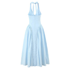 New Elegant Blue Halter Midi Long Dress Women Sexy Backless Deep V Neck Low Waist A-line Summer Dresses Party Robe voguable