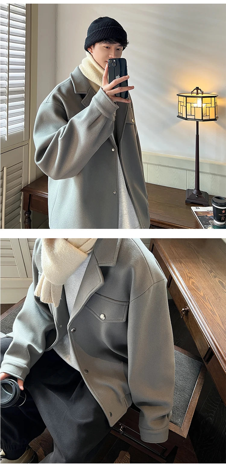 Winter Short Woolen Coat Men Warm Fashion Casual Thick Woolen Jacket Men Korean Loose Thicken Woolen Coat Mens Black Overcoat voguable