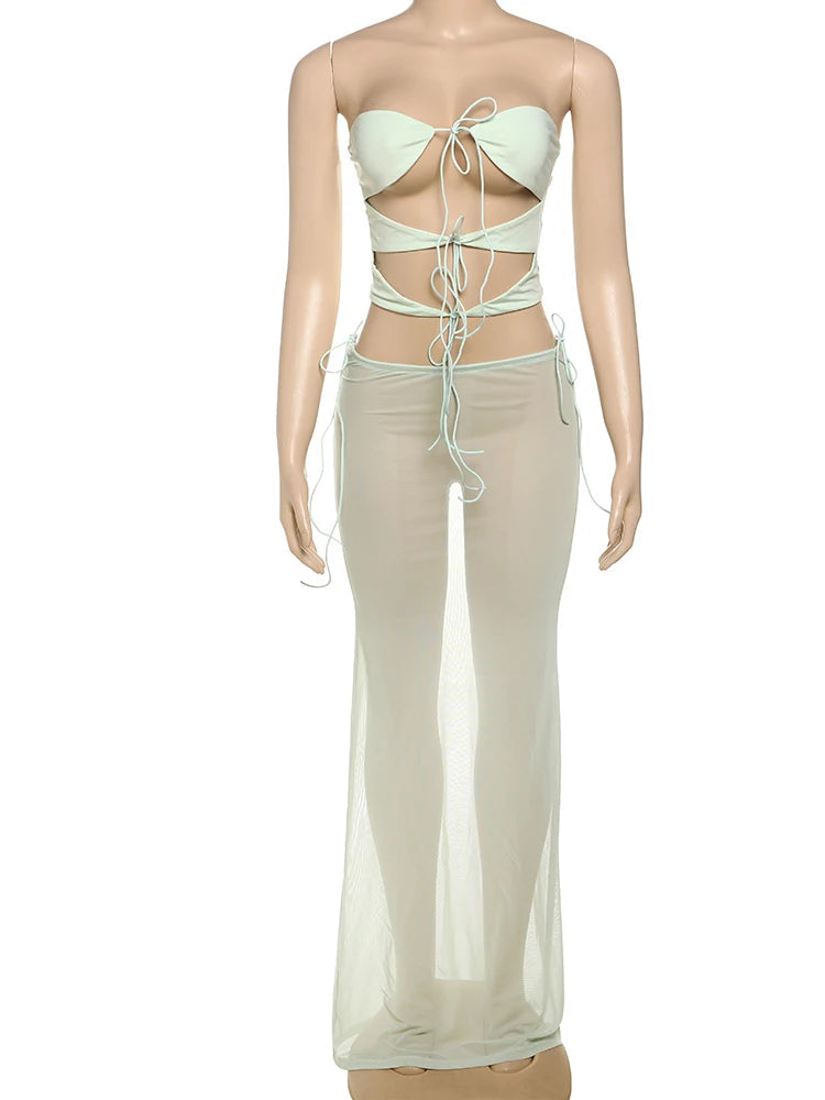 Sexy Hollow 2 Piece Set Women Chic Summer Vacation Beach Strapless Knot Tops+Mesh Long Skirts Solid Stretch Clubwear voguable