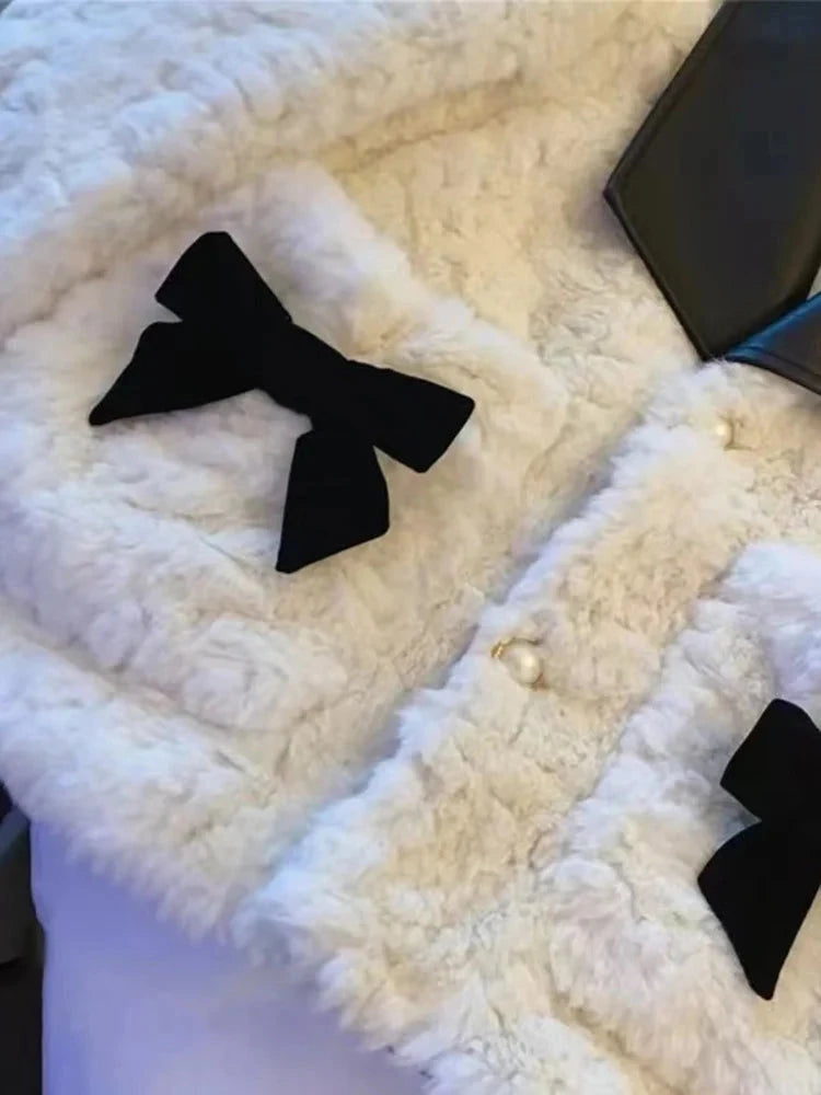 Women Sweet Bow Faux Lamb Coat Fashion Korean Long Sleeve Winter Warm Jacket Chic Slim Patchwork Elegant Pockets Outwear voguable