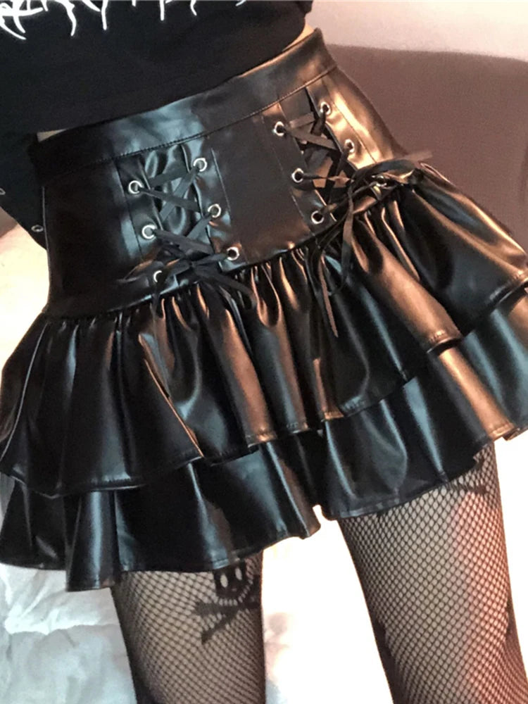 Mall Goth Punk PU Skirt Women Dark Gothic Vintage Bandage High Waist Lolita Skirt Harajuku Streetwear Emo Alt Clubwear voguable
