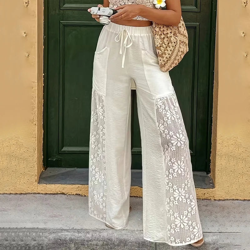 Voguable  Summer Lace Patchwork High Waist Drawstring Pockets Loose Fit Wide-leg Pants Casual Beach Vacation Comfortable Trousers Clubwear voguable