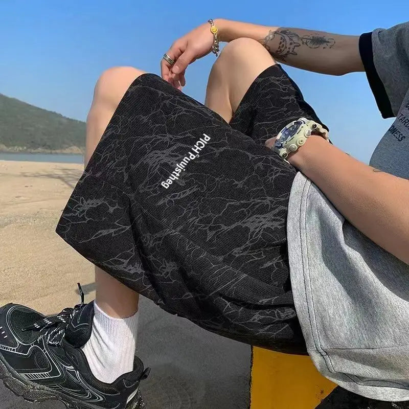 Summer Beach Casual Shorts Men Embroidered Geometric Prints Unisex Baggy Shorts Sweatpants Women Elastic Waist Couple's Shorts voguable