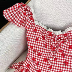 Voguable  Gentle Cute Print Strawberry Fresh Ropa Mujer Sweet French Age Reduction Bow Slim Blusas Plaid Short Lace Patchwork Shirt voguable