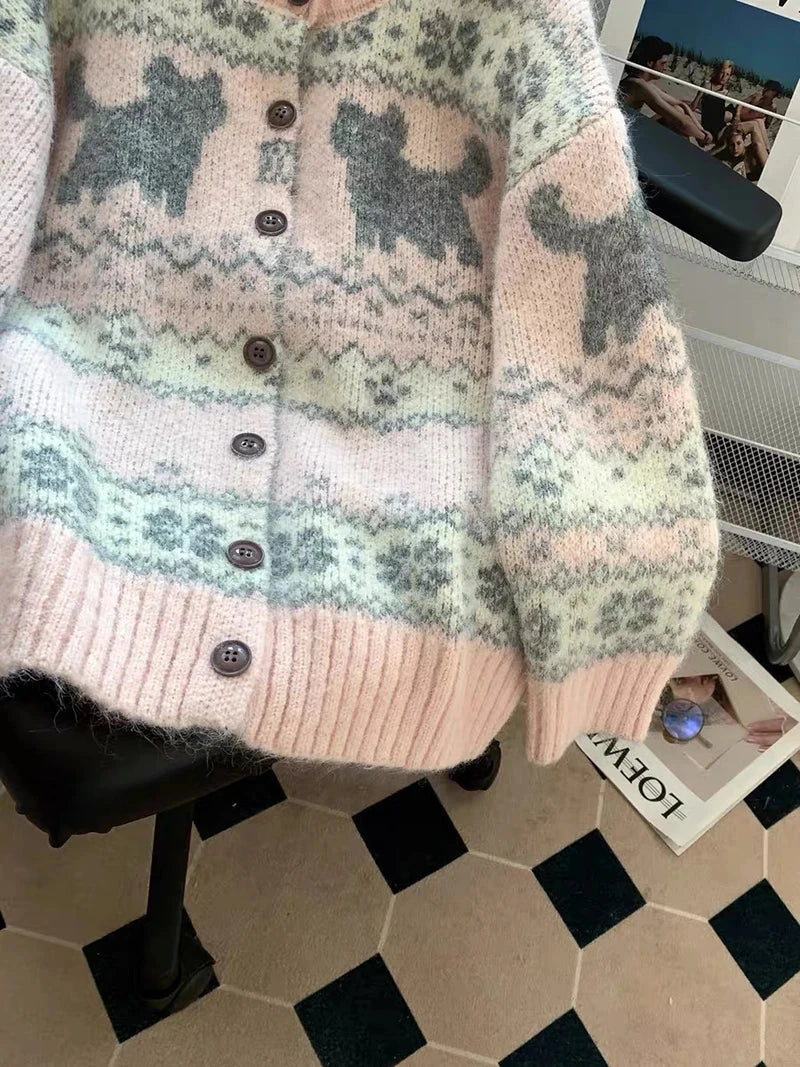 Sweet Pink Cartoon Cardigan Sweaters Women Vintage Lazy Wind Long Sleeve Cute Knitted Coat Casual Japan Kawaii Loose Tops voguable