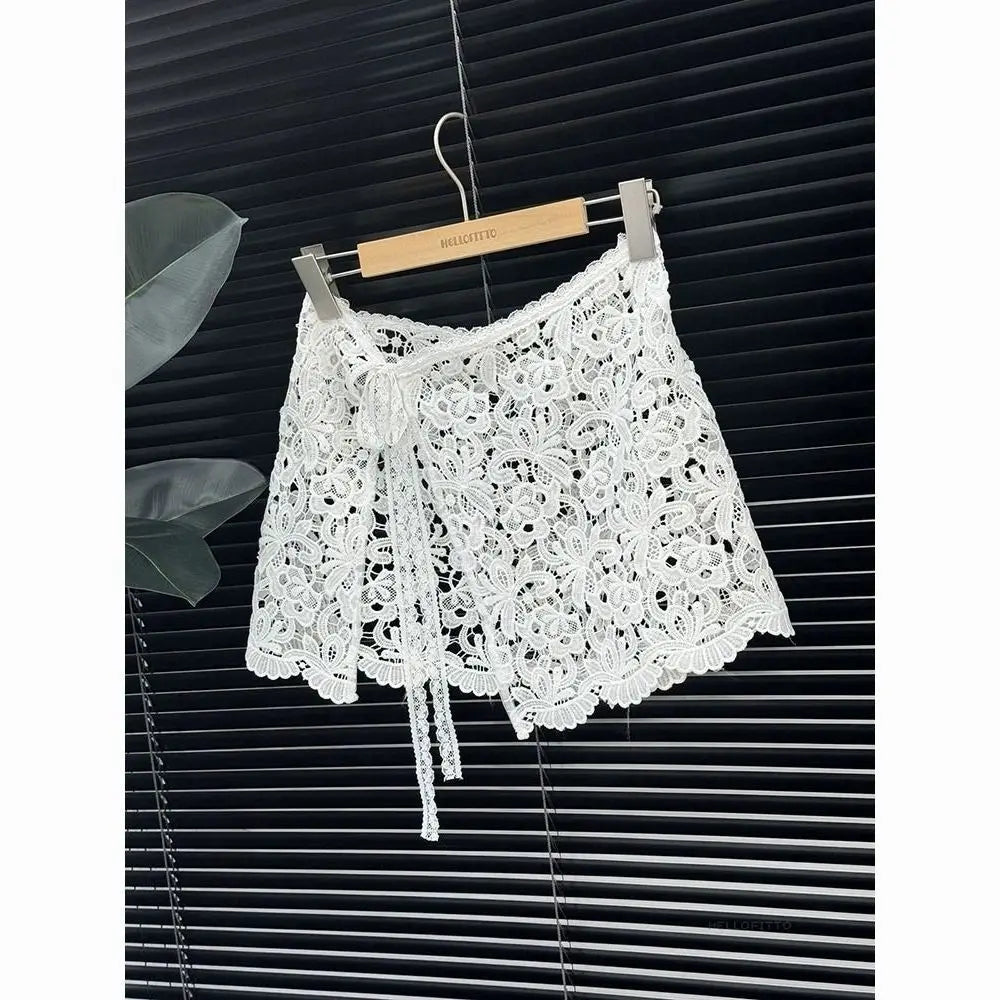 Voguable  Slim Short Korea Chic Mesh Fart Curtain Lace Up All-match French Hot Sell Skirt Exquisite Literary Hollow Out New Faldas voguable