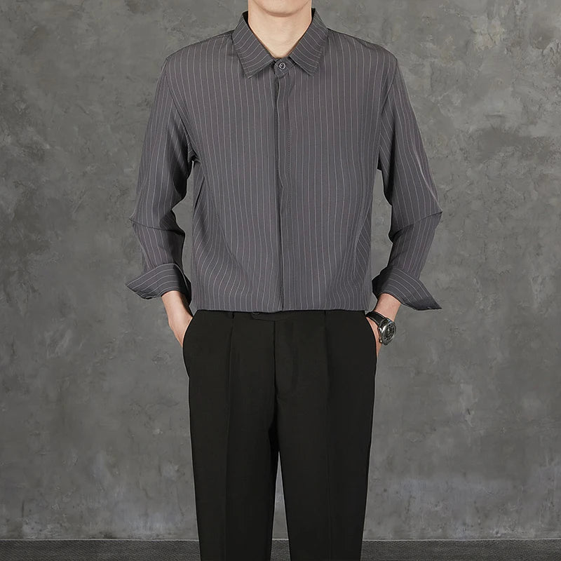 New Naples Business Men Shirts Light Luxury Textured Lapel Striped Long Sleeve Cardigan Leisure Premium Commuter Blouse S-4XL voguable