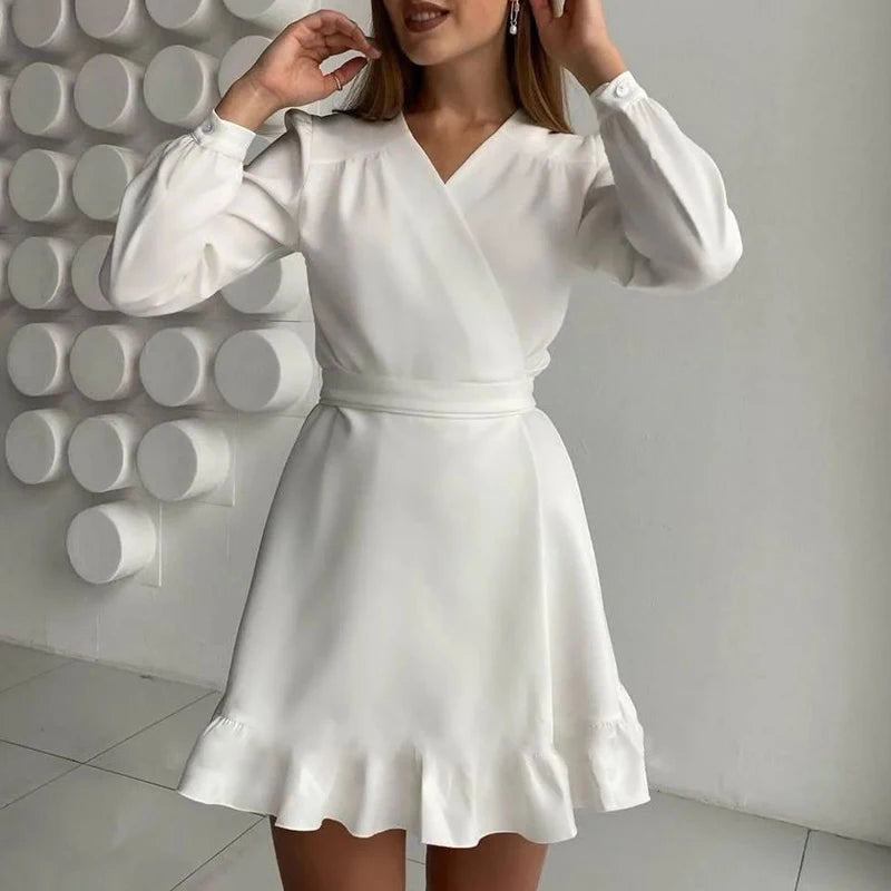 Autumn Simple Holiday A-Line Short Dress Female Solid Color V Neck Long Sleeve Dress Elegant High Waist Ruffles Mini Party Dress voguable