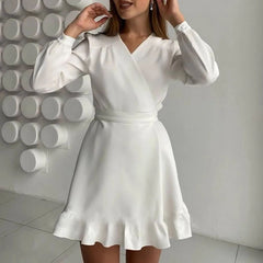 Autumn Simple Holiday A-Line Short Dress Female Solid Color V Neck Long Sleeve Dress Elegant High Waist Ruffles Mini Party Dress voguable