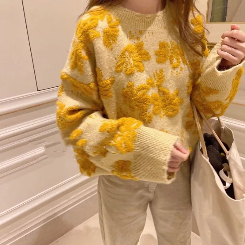 Flower Stitching Yellow Knitted Sweater For Women Round Neck Long Sleeves Fashion Pullover Spring Winter New