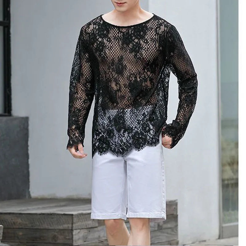 Voguable  Man Lace T-shirt New Hollow Long Sleeve Bottoming Shirt Fashion Casual High Street Solid Color Men's Wear voguable