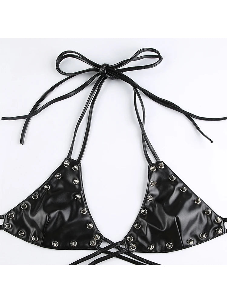 Dark Rivet Bandage Pu Leather Camis Halter Tops Punk Style Gothic Sleeveless Backless Crop Tops Women Streetwear voguable